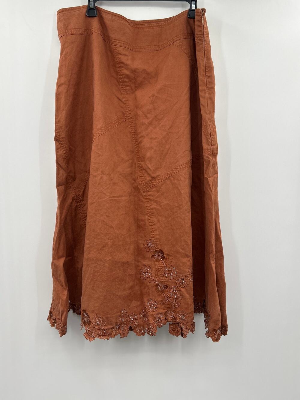Lino U.S.A. 2X 100% Linen Embroidered Midi-Maxi Skirt Lagenlook Boho Earthy